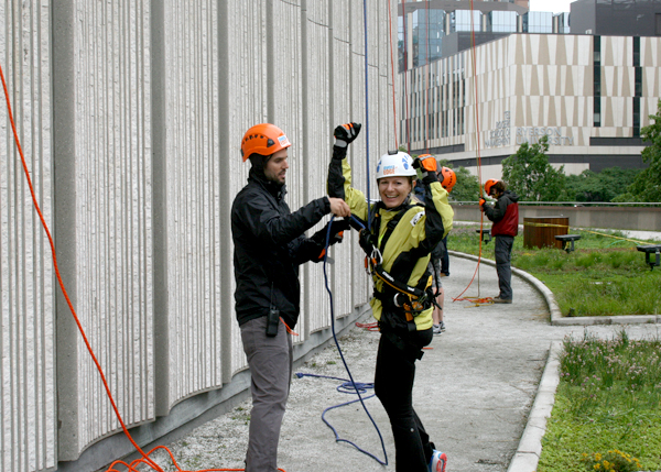 Carol Stubits, seconds after finishing her rappel down Toronto City Hall