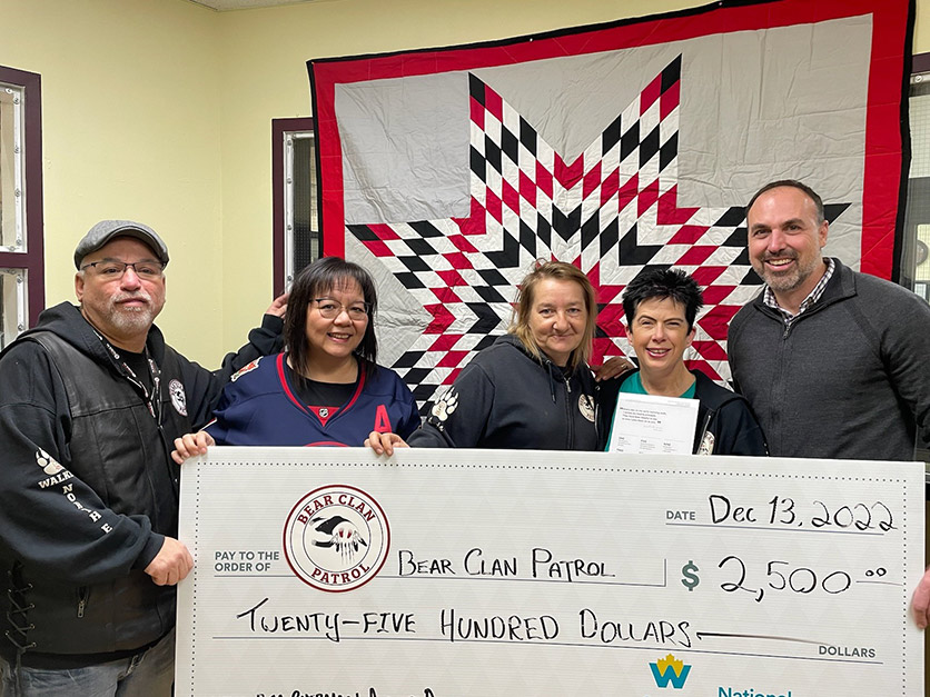 Pictured from left to right: Kevin Walker, Bear Clan Executive Director and North-End Coordinator, Janice Boulet, Angela Klassen, Bear Clan West Broadway Coordinator, Brenda Jones and Chris Noonan.