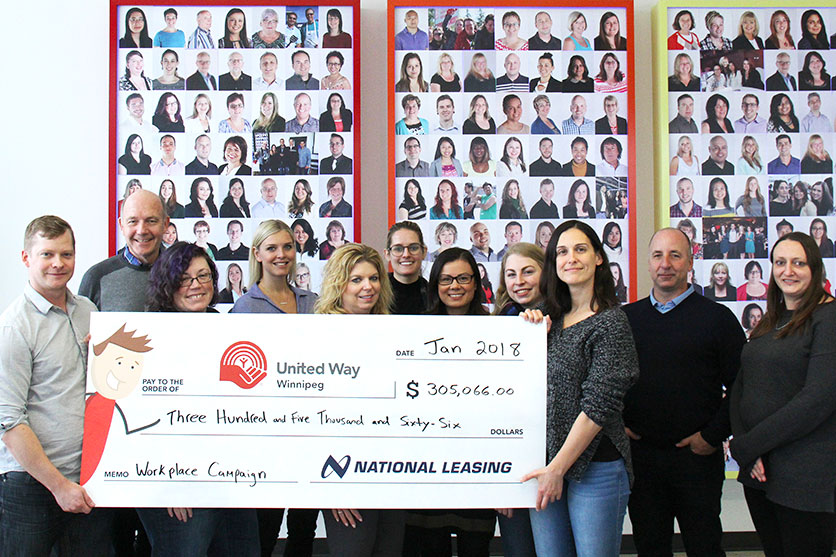 CWB National Leasing’s United Way committee presents a cheque to United Way Winnipeg for over $300,000.