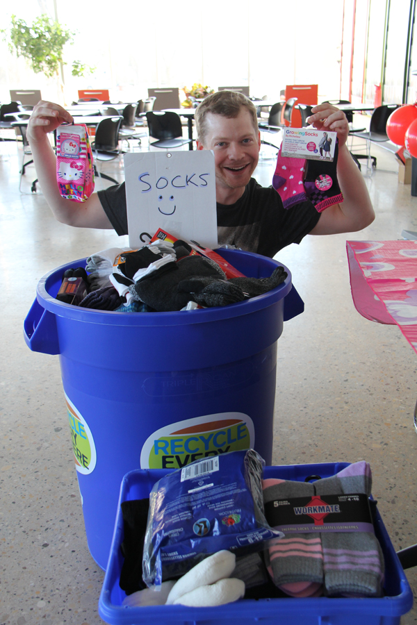 Buckets of donated socks at our Valentine’s Day Sock Hop in February 2016