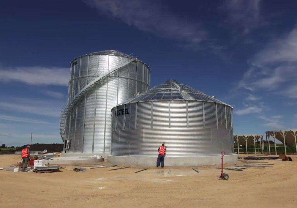 A photo of Wall Grain building two large grain bins